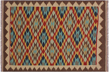 Flat Weave Kilim, Antique, Navaho, Vintage, Handmade, Geometric Kilim Beige Brown Hand-Woven Rectangle 100% Wool Area Rug 3 x 5